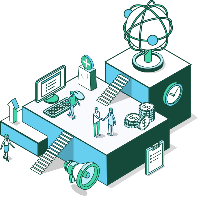 Illustration showing product sourcing with people shaking hands