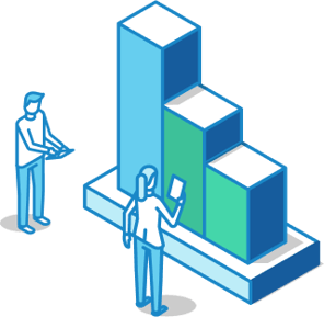 Two people standing with a bar graph